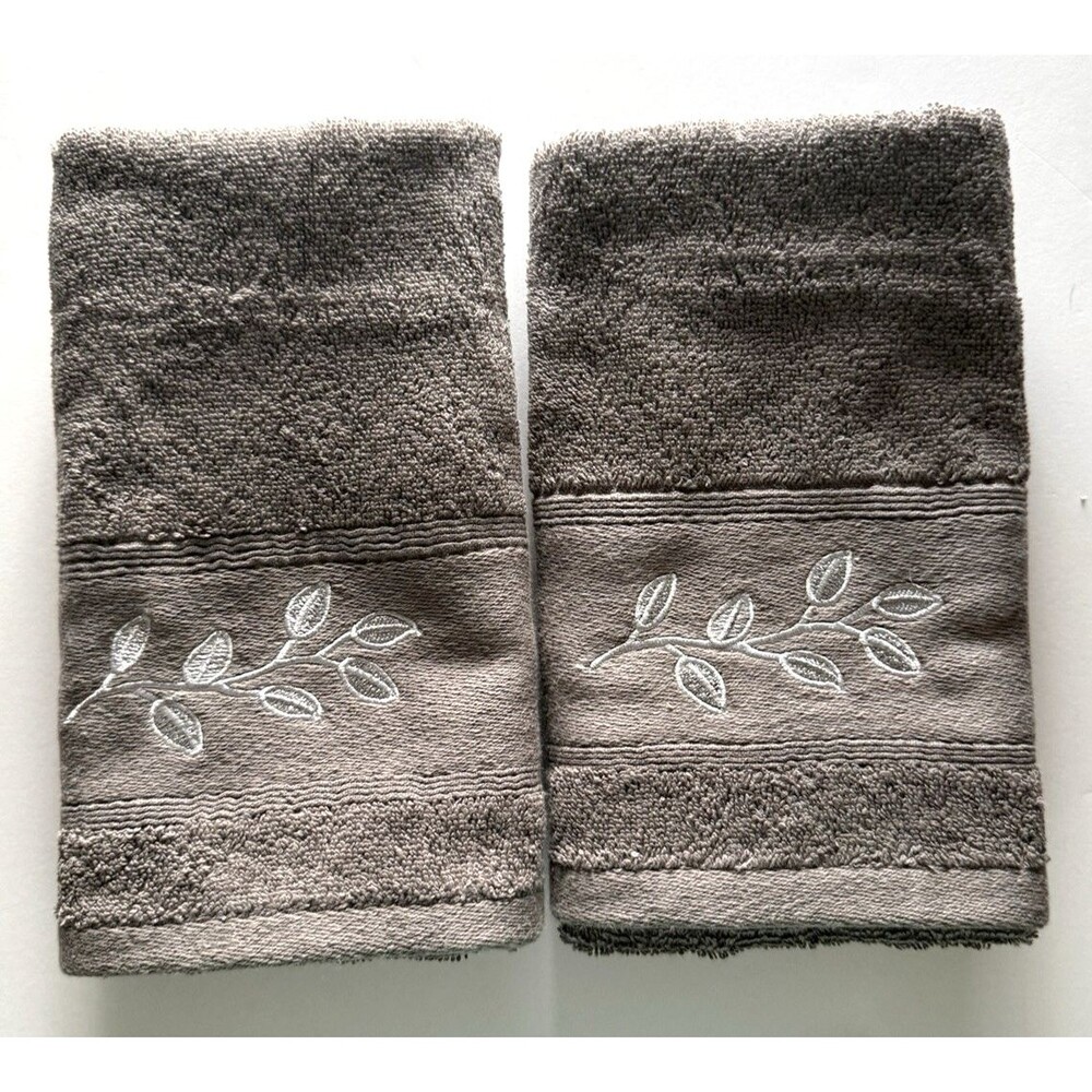 MainStays Silver Leaves Hand Towels Gray Bathroom Embroidered 16x26" Set of 2